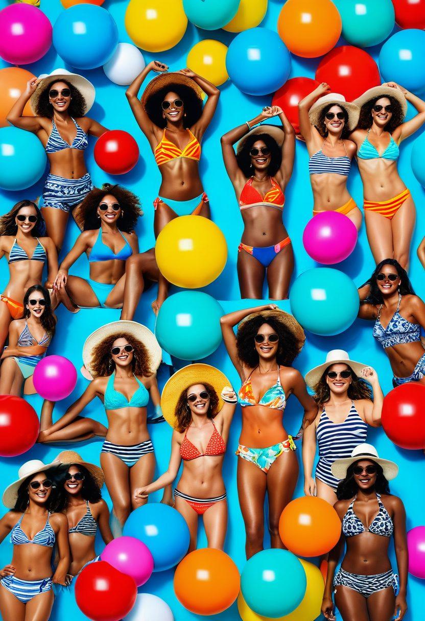 A vibrant beach scene showcasing a diverse group of confident individuals in trendy swimwear, radiating joy and freedom under a bright sun. Include playful beach accessories like colorful beach balls and sun hats, with turquoise waves crashing in the background. Emphasize the energy of a carefree summer vibe with bold patterns and dynamic poses. super-realistic. vibrant colors. sunny background.